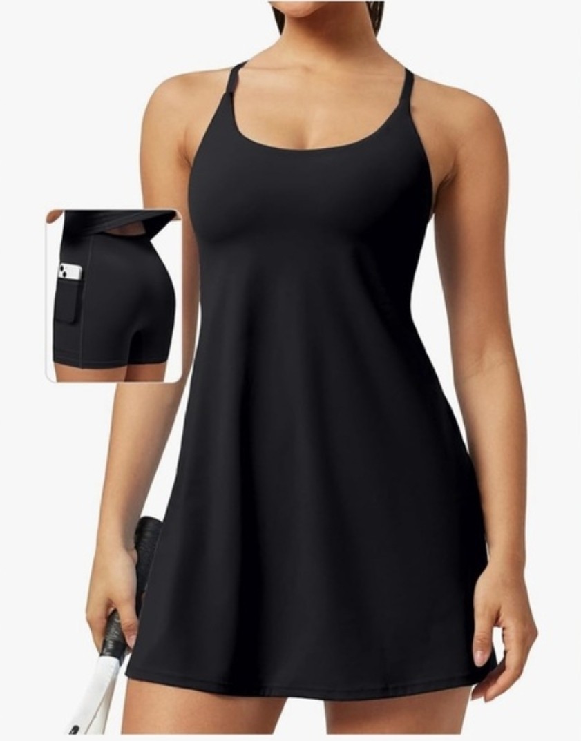 Ewedoos Women’s Black Spaghetti Strap Slip built in shorts&bra Dress size Large