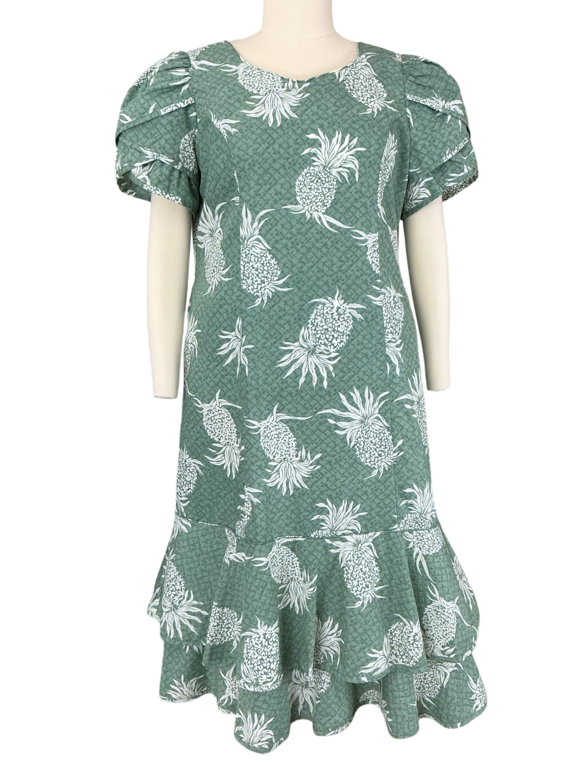 Hilo Hattie Hawaiian Dress L Tropical Pineapple Puff Sleeve Tiered Ruffled BOHO