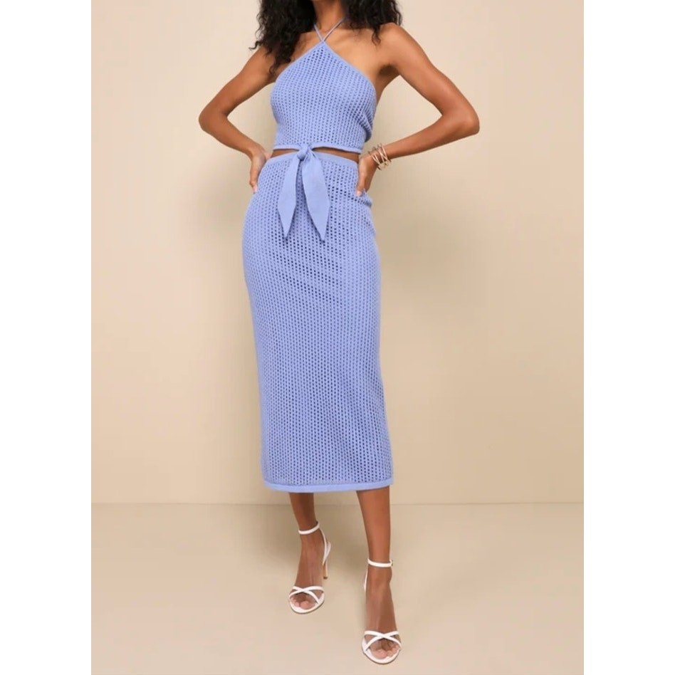 Lulus Sunny Serenity Periwinkle Crochet Cutout Halter Midi Dress Size L NWT