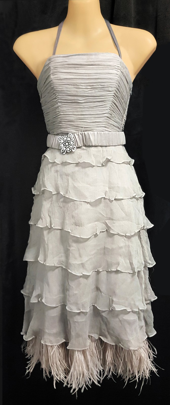 NWT Smoky Grey Strapless Detachable Ostrich Feather Cocktail Dress Size 8 Dolina