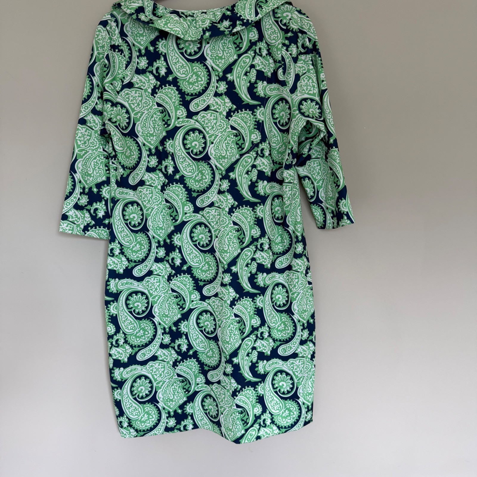Gretchen Scott Plentiful Paisley Ruffneck Popover Shift Dress L Green/Navy NWT