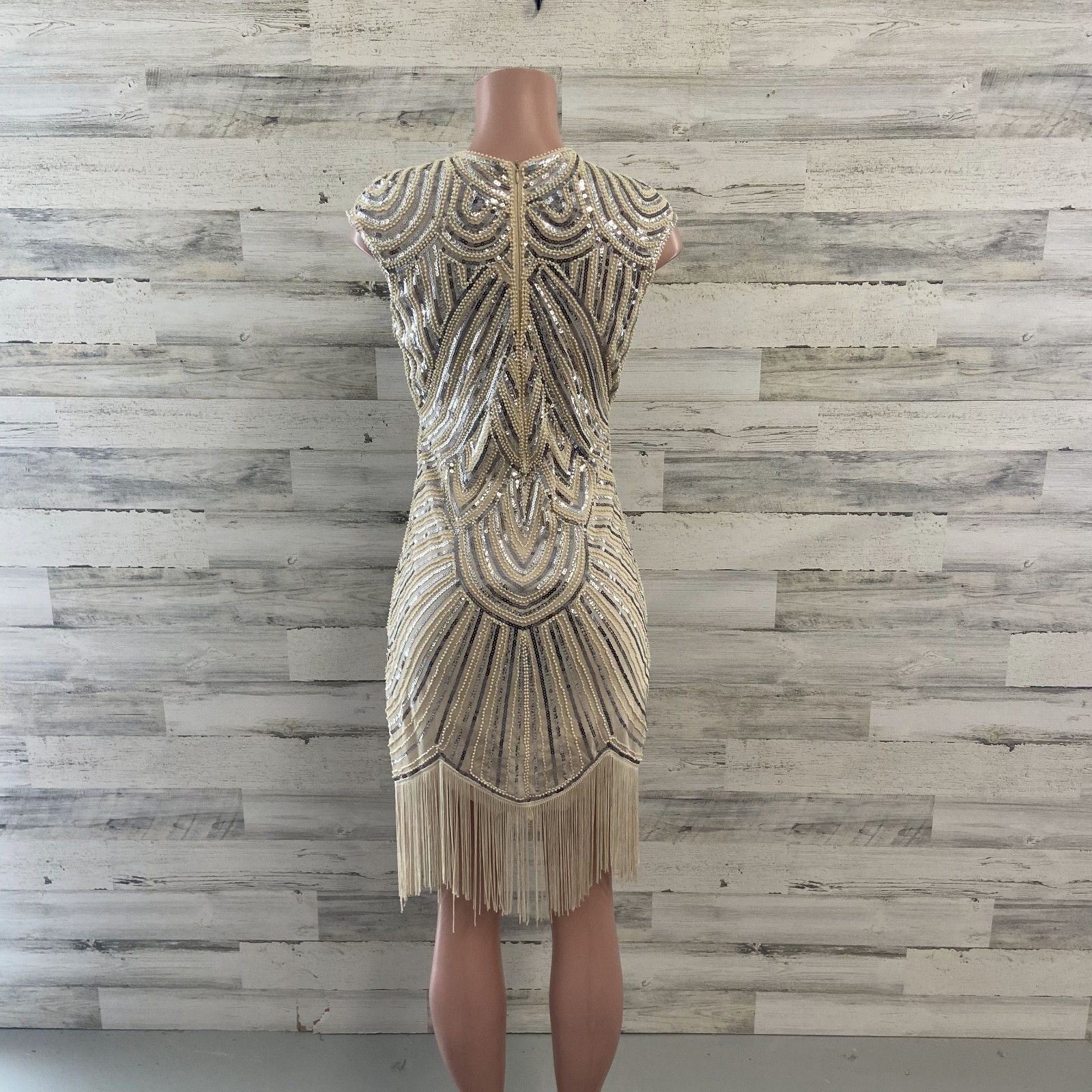 1920s Style Great Gatsby Flapper Dress Champagne Sequin Beaded Fringe Small