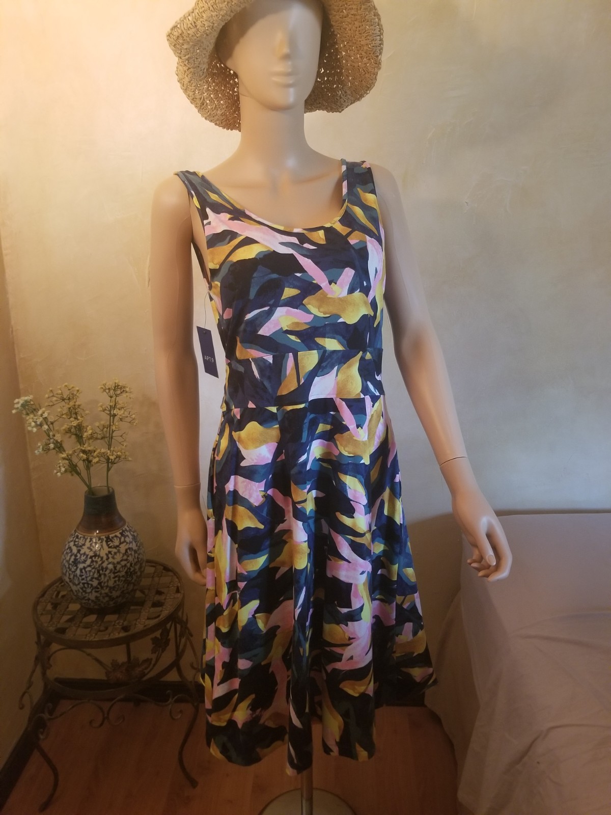 APT 9 WOMENS K A-LINE FLORAL BELTED TANK DRESS WITH SIDE POCKETS SZ M