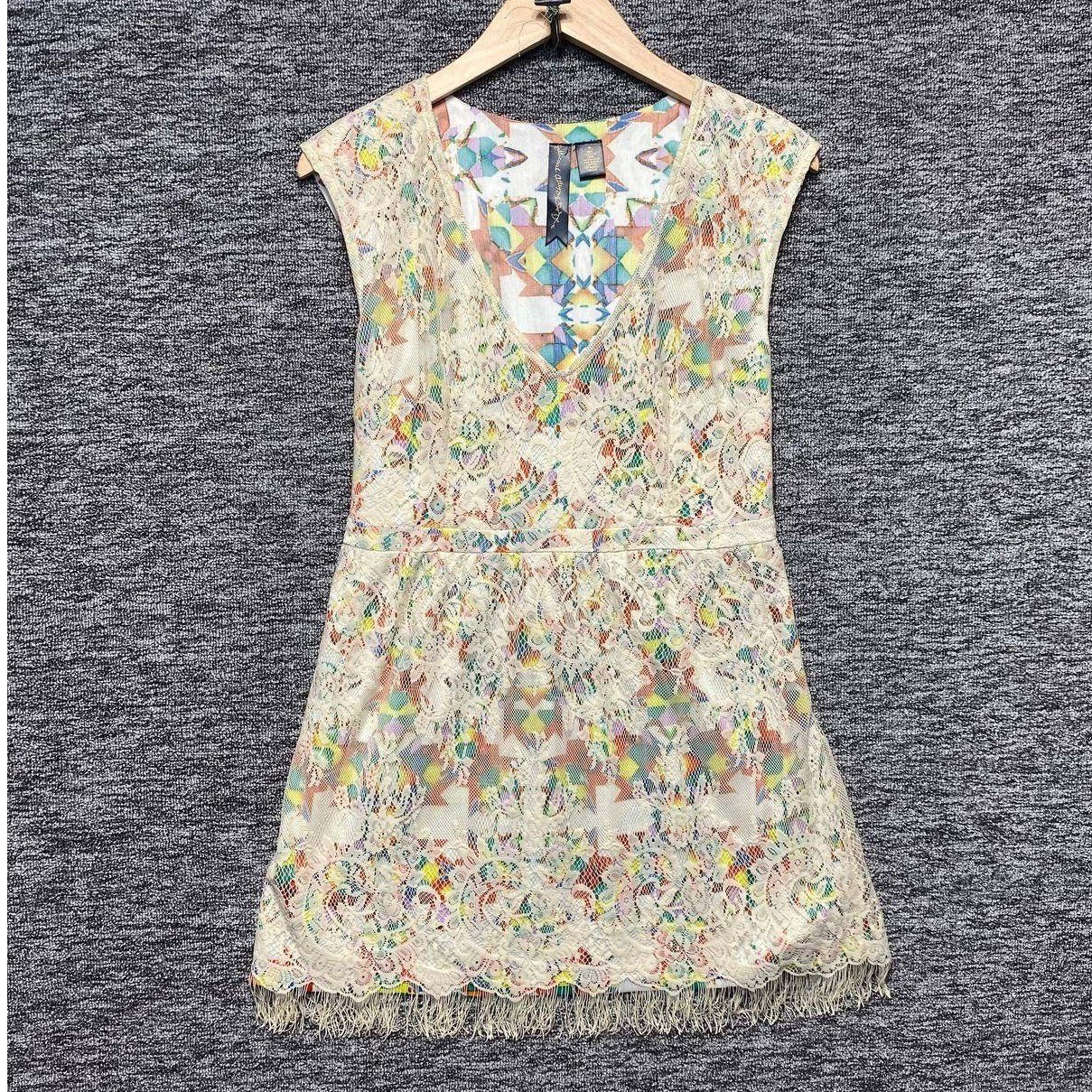 Petticoat Alley Mini Dress Womens Medium Cream Lace Geometric Fringe Boho Indie