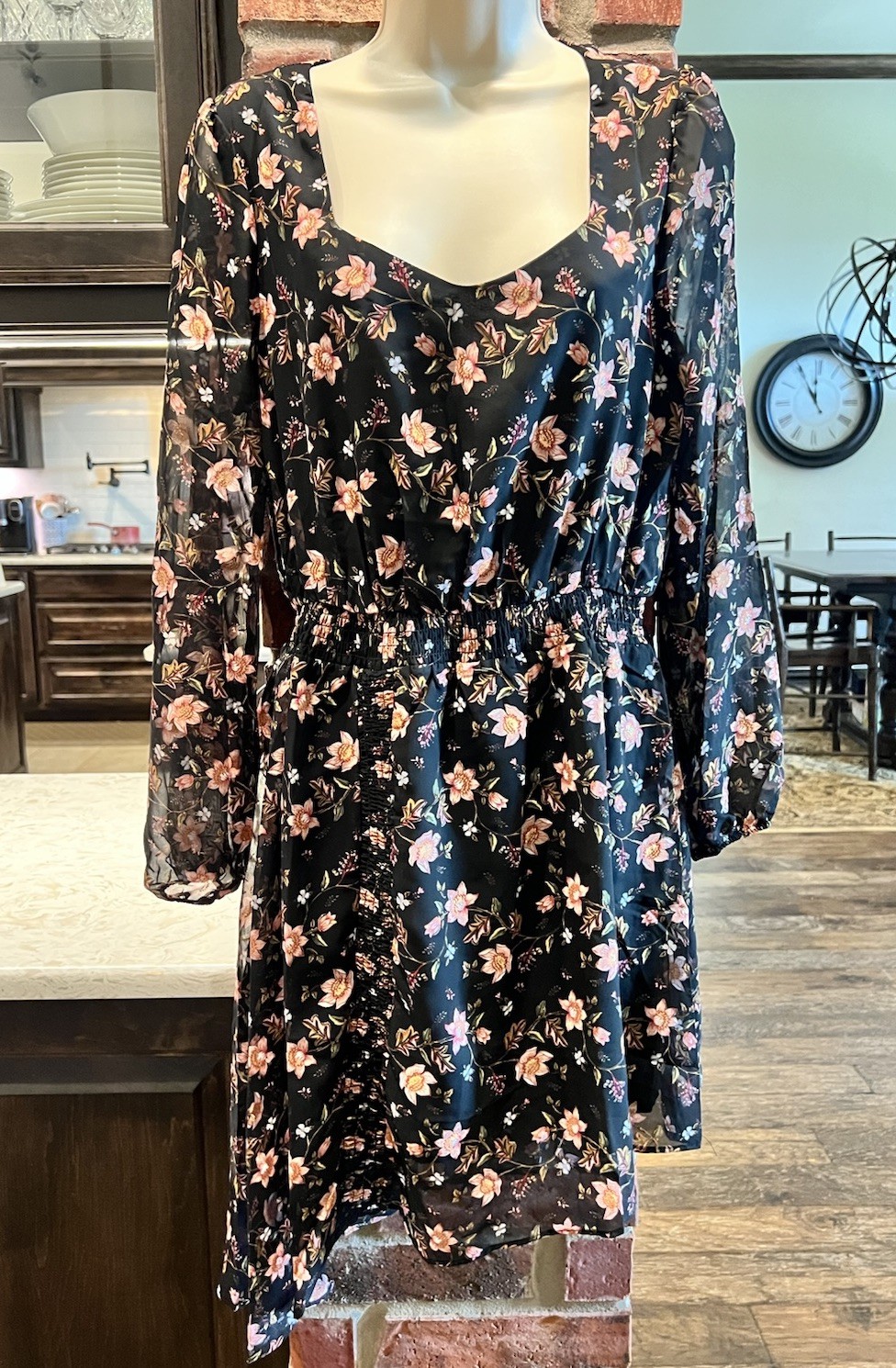J.O.A. Black Floral Back Cut Out Smocked Waist Asymmetrical Dress Sz M NWT