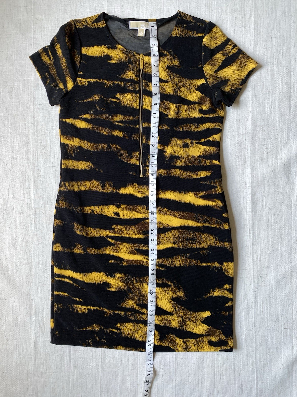 Michael Kors Tiger Stripe Bodycon Dress Small Black Yellow Animal Print Mesh Zip