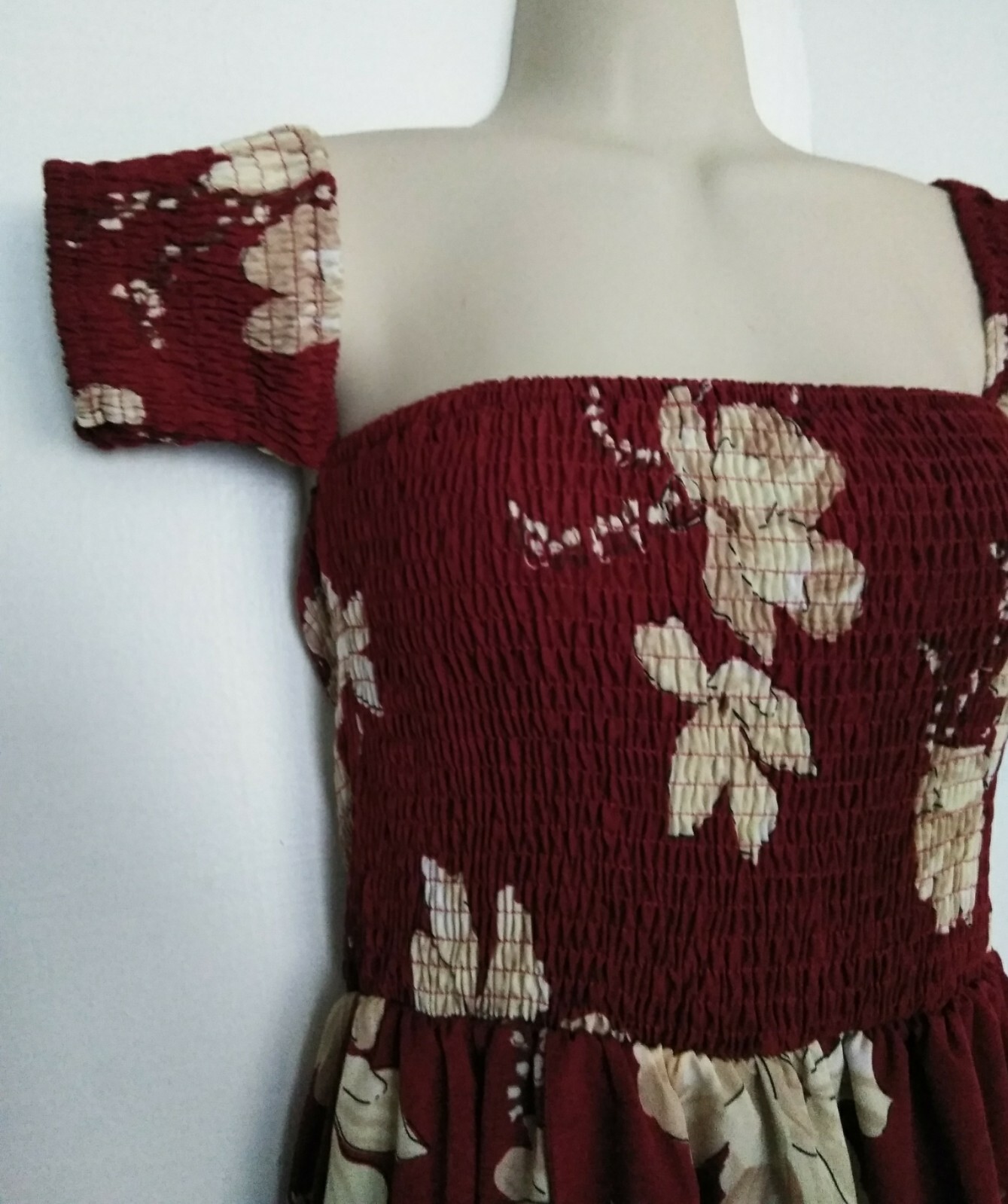 Pretty Burgundy* Cream Floral Off Shoulder Elastic Waist High Low Maxi M