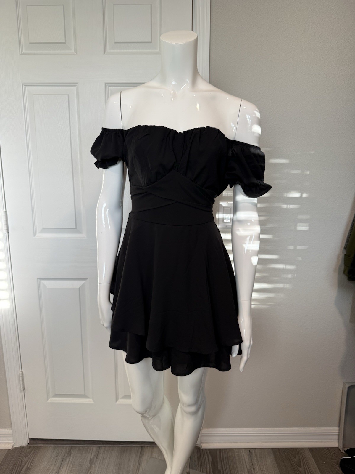 Black Off the Shoulder Mini Fit & Flare Romper Short Ruffle Accents
