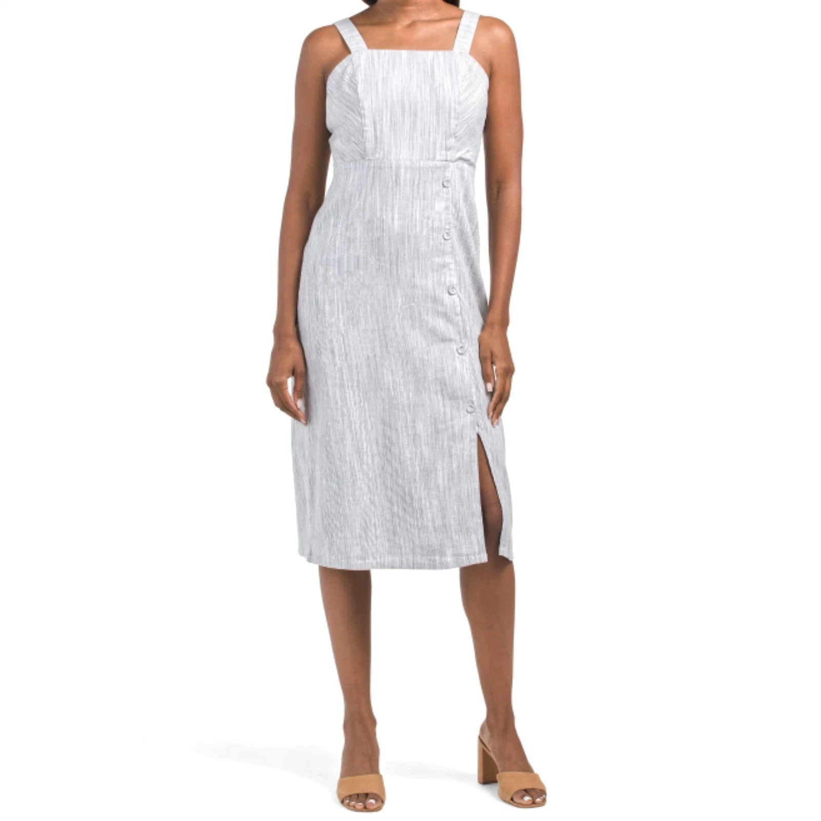 Tahari FAB! Linen Blend Strappy Button Closure Stretch Striped Midi Dress Sz 4