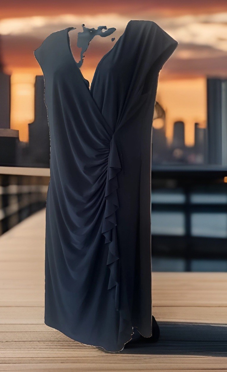 ESTABLISHED 1962 Black V-Neck Cap-Sleeve Faux Wrap Stretchy Dress Size 12