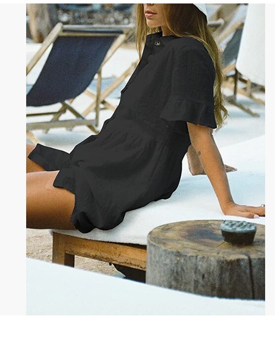 ROYLAMP Womens Tunic Dress Bell Sleeve Split Hem Button up Collared Mini Dress M