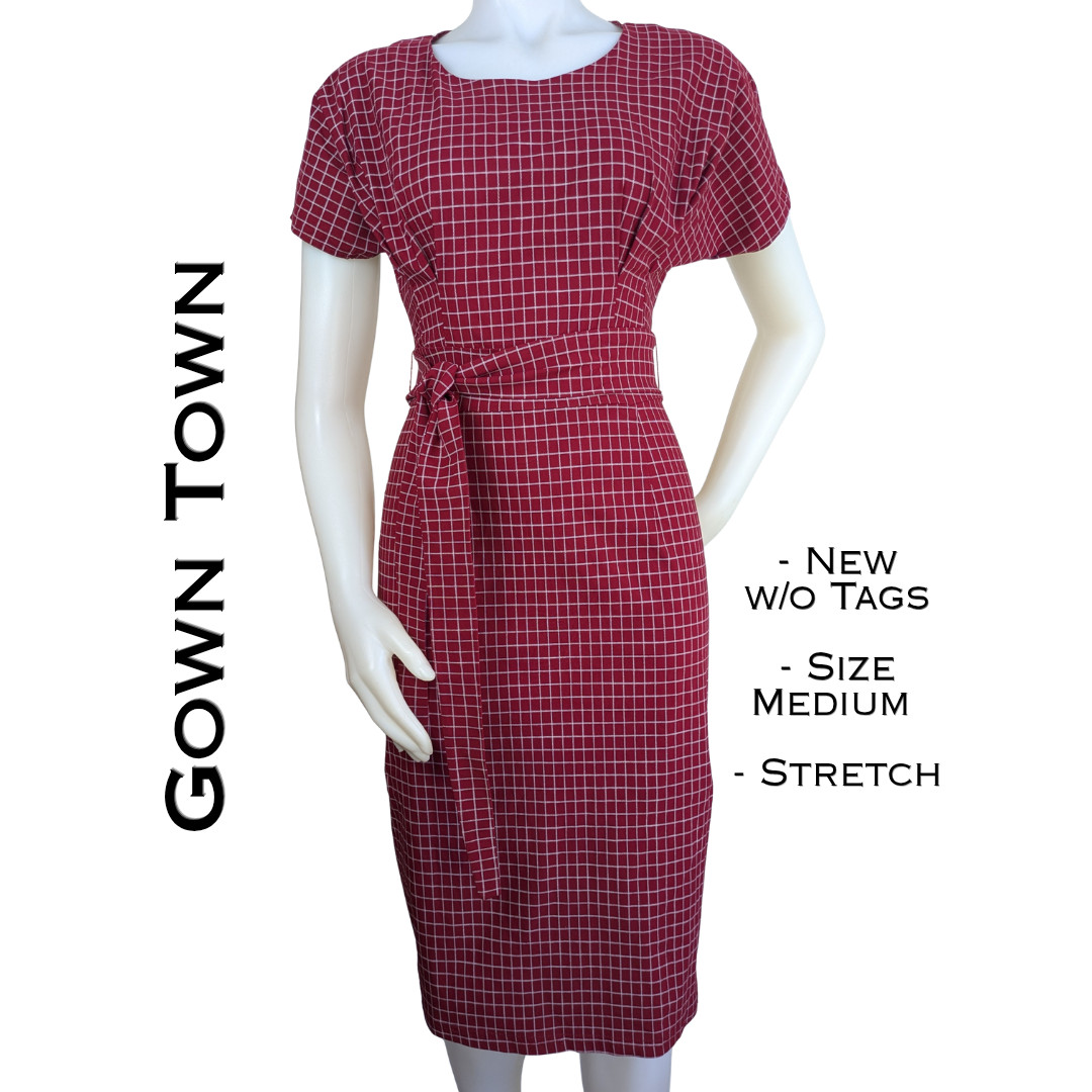 Gown Town Bodycon Sheath Dress Medium 50s Style Red White Windowpane Check