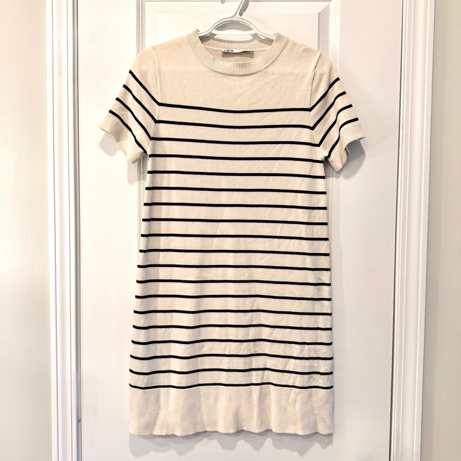 Zara Womens Striped Knit Mini Dress Cream Black Short Sleeve Crew Neck XS
