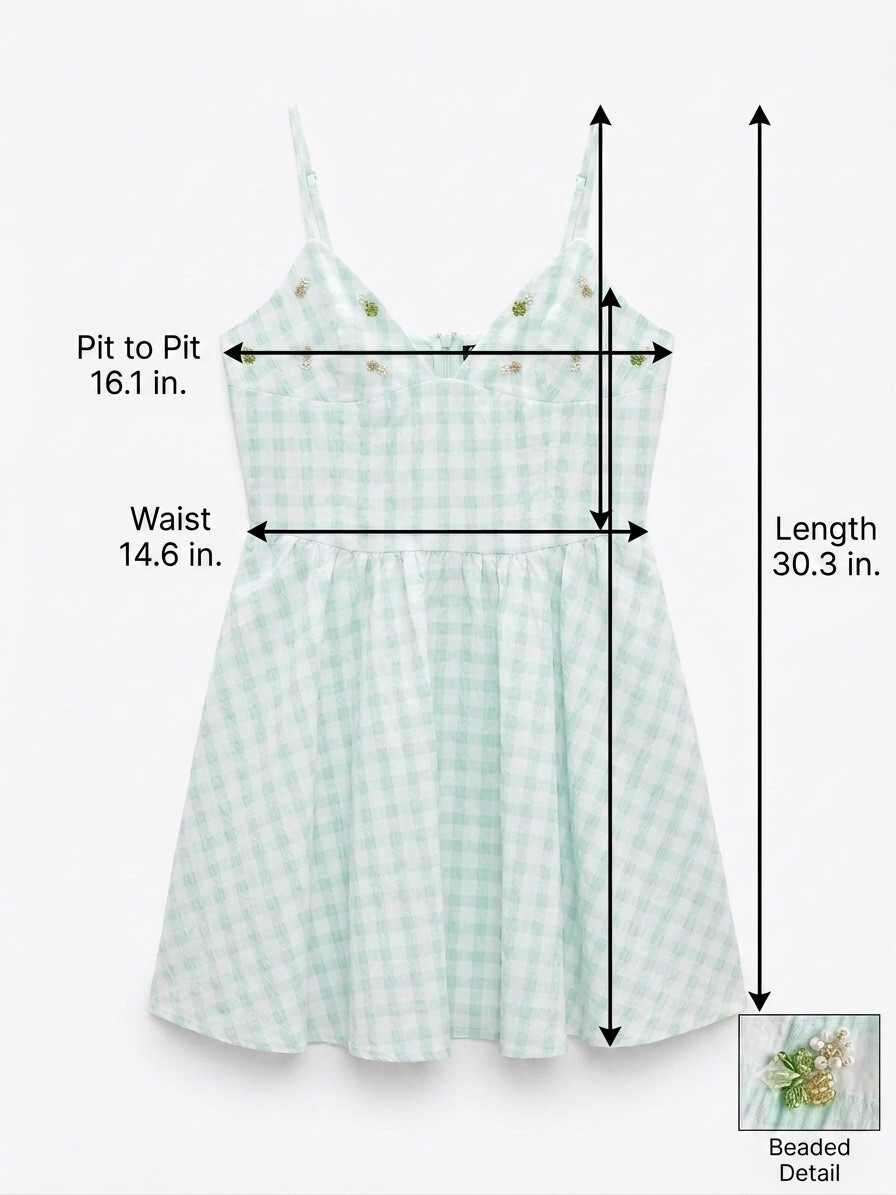 ZARA Mint Green Gingham Beaded Mini Dress M Seersucker Floral Bust Cami Pockets