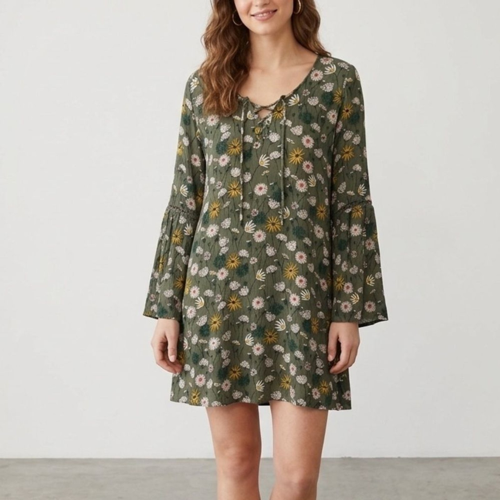 Mossimo Supply Co. Olive Green Floral Bell-Sleeve Dress XL