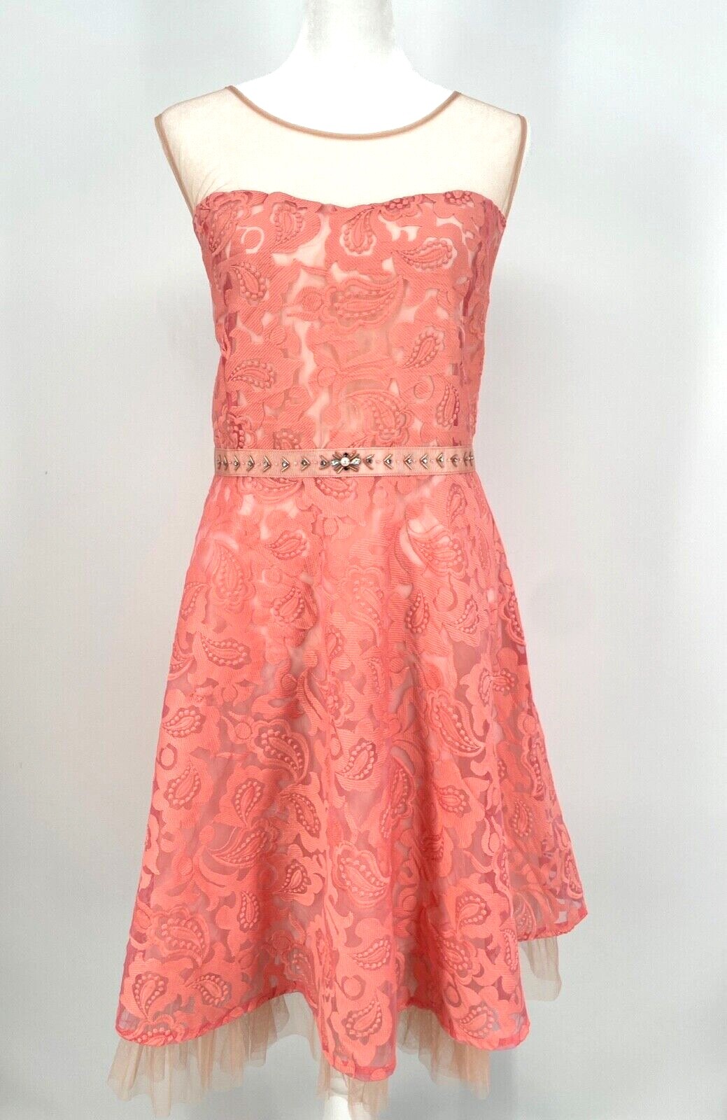 Ryu 1X Coral Pink Lace Tulle Net Peach Illusion Dress Prom Rockabilly jeweled