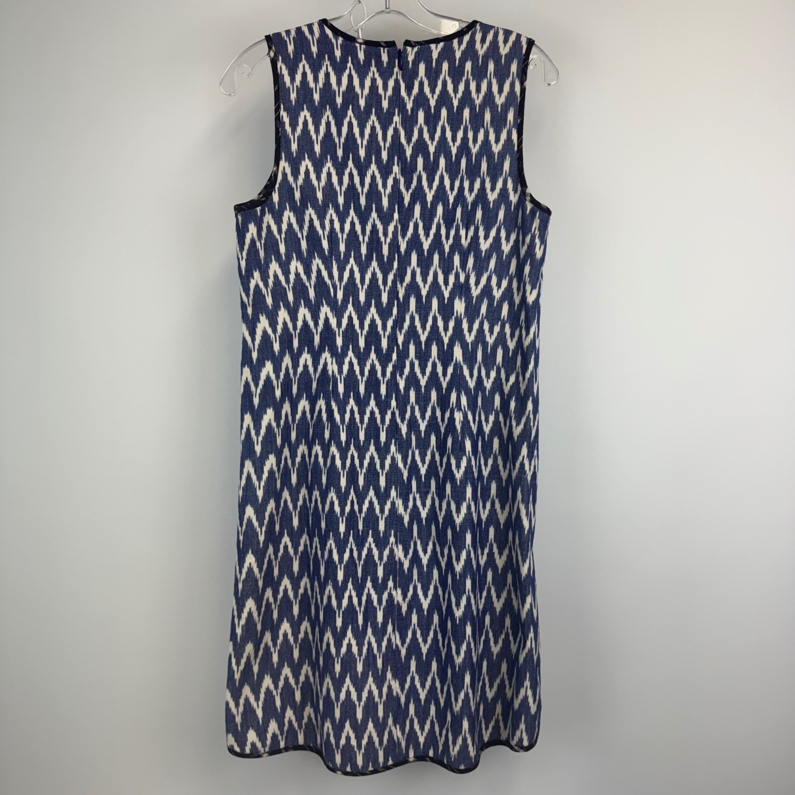 J.Crew Blue White Ikat Chevron Cotton Shift Dress Split Neck Womens 2 RN77388