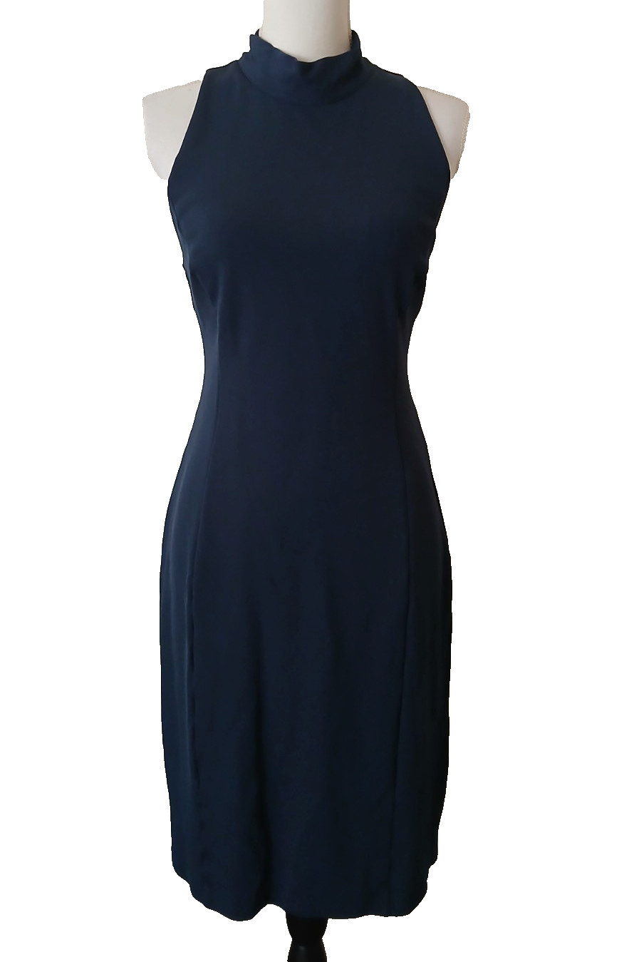Lark & Ro Sleeveless Midi Sheath Dress Navy Blue Mock Neck Stretch Women Medium