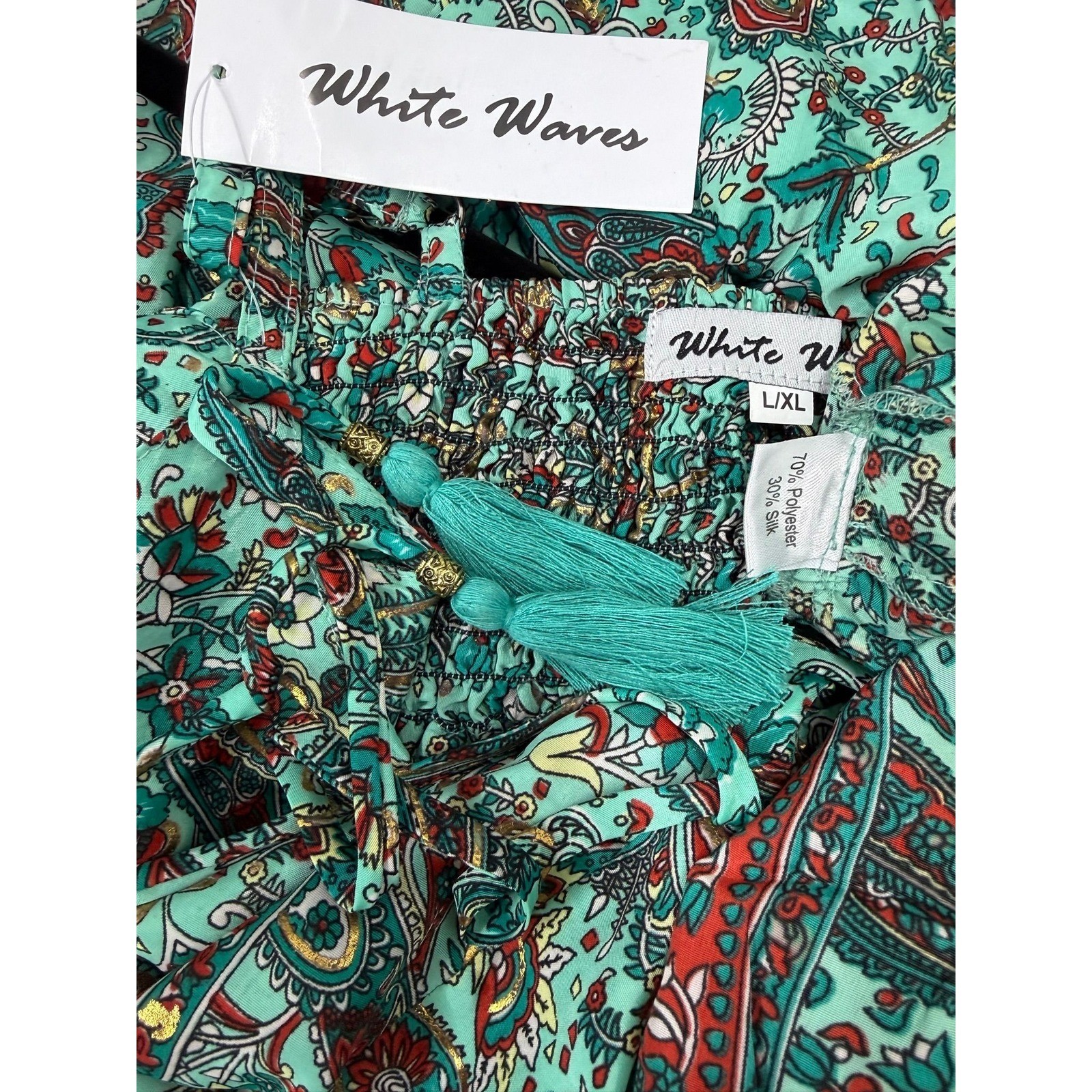 NWT White Waves BOHO Silk Blend Summer Maxi Dress sz L/XL Green Gold Red