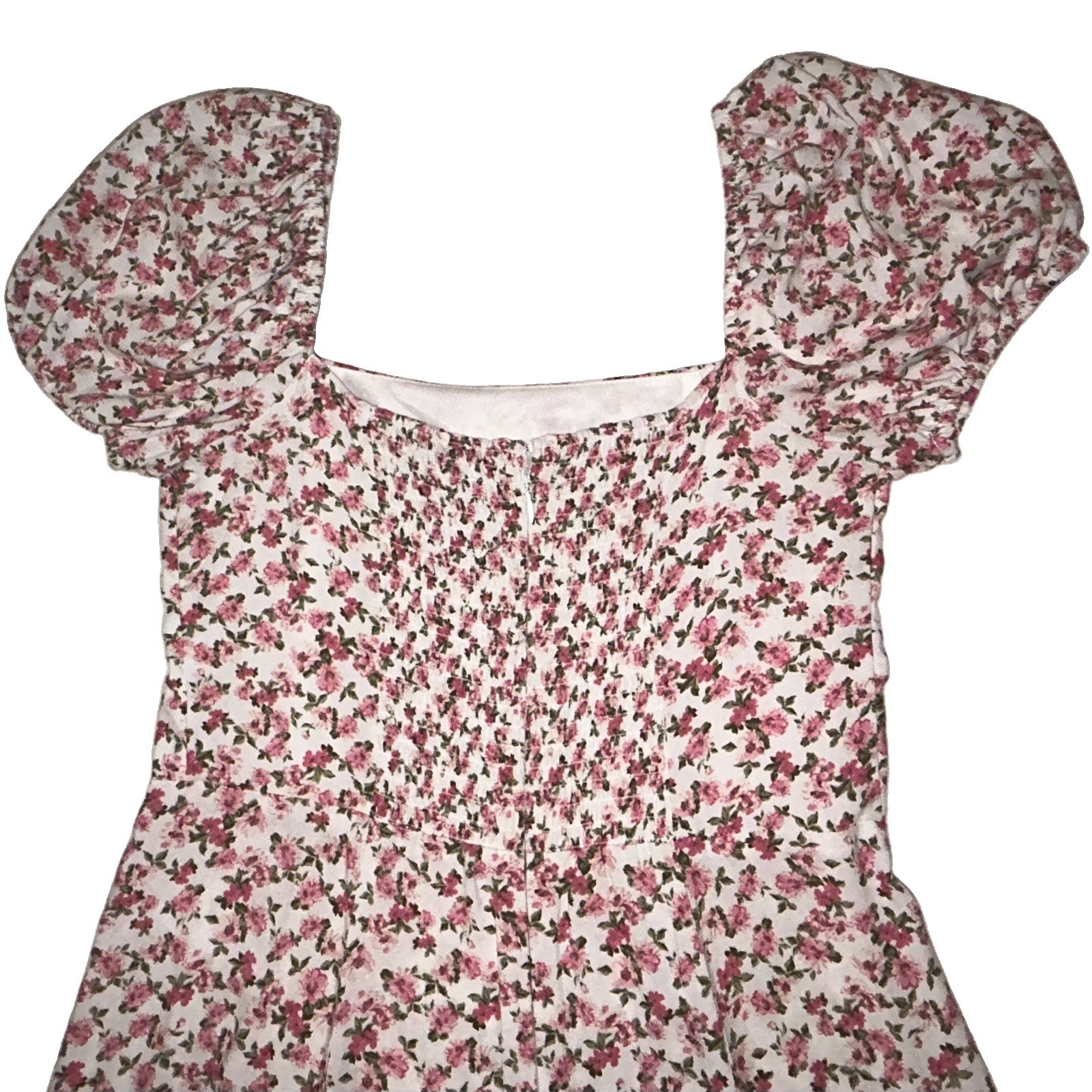 Francesca’s White Pink Green Floral Smocked Puff Sleeve Square Neck Midi M (160)