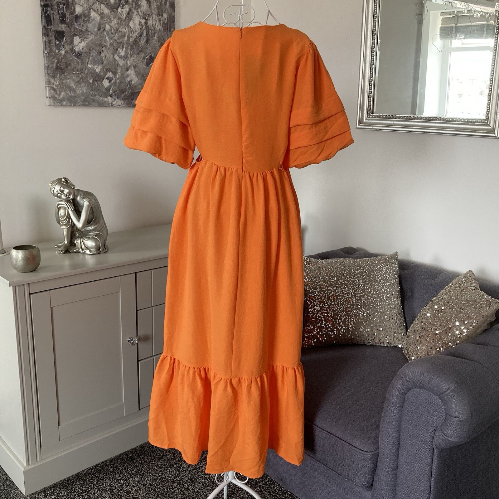 Orange Round Neck Short Puff Sleeves Cut Out Sides Tiered Hem Midi Dress S 8-10