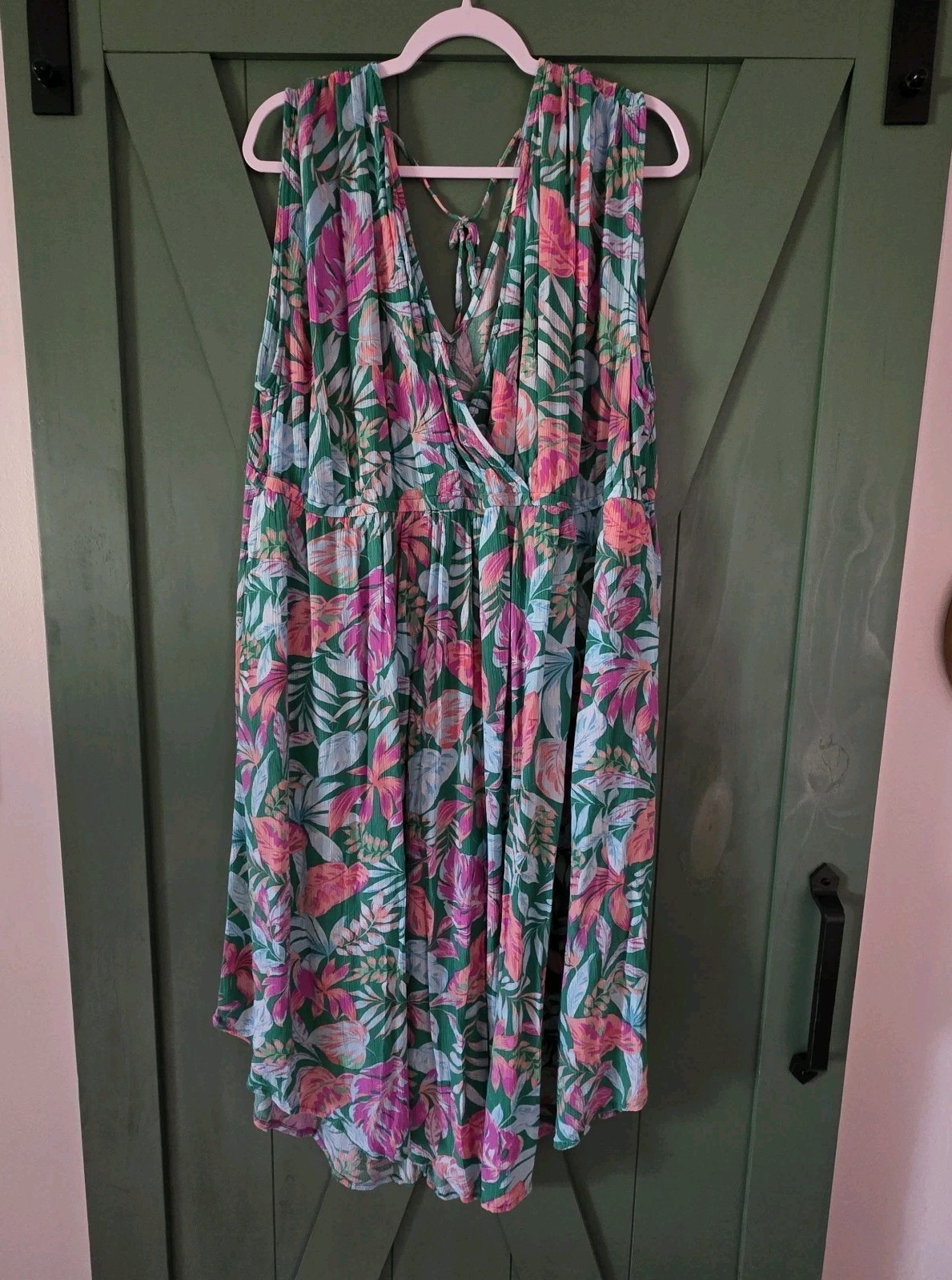 Terra & Sky Maxi Dress Women 2X Green Pink Floral Elastic Waist Pockets Tie Back
