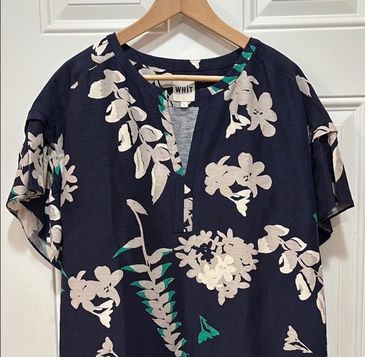Anthropologie WHIT Silk/Linen Temple Dress in Botanical Print Navy Blue Size L