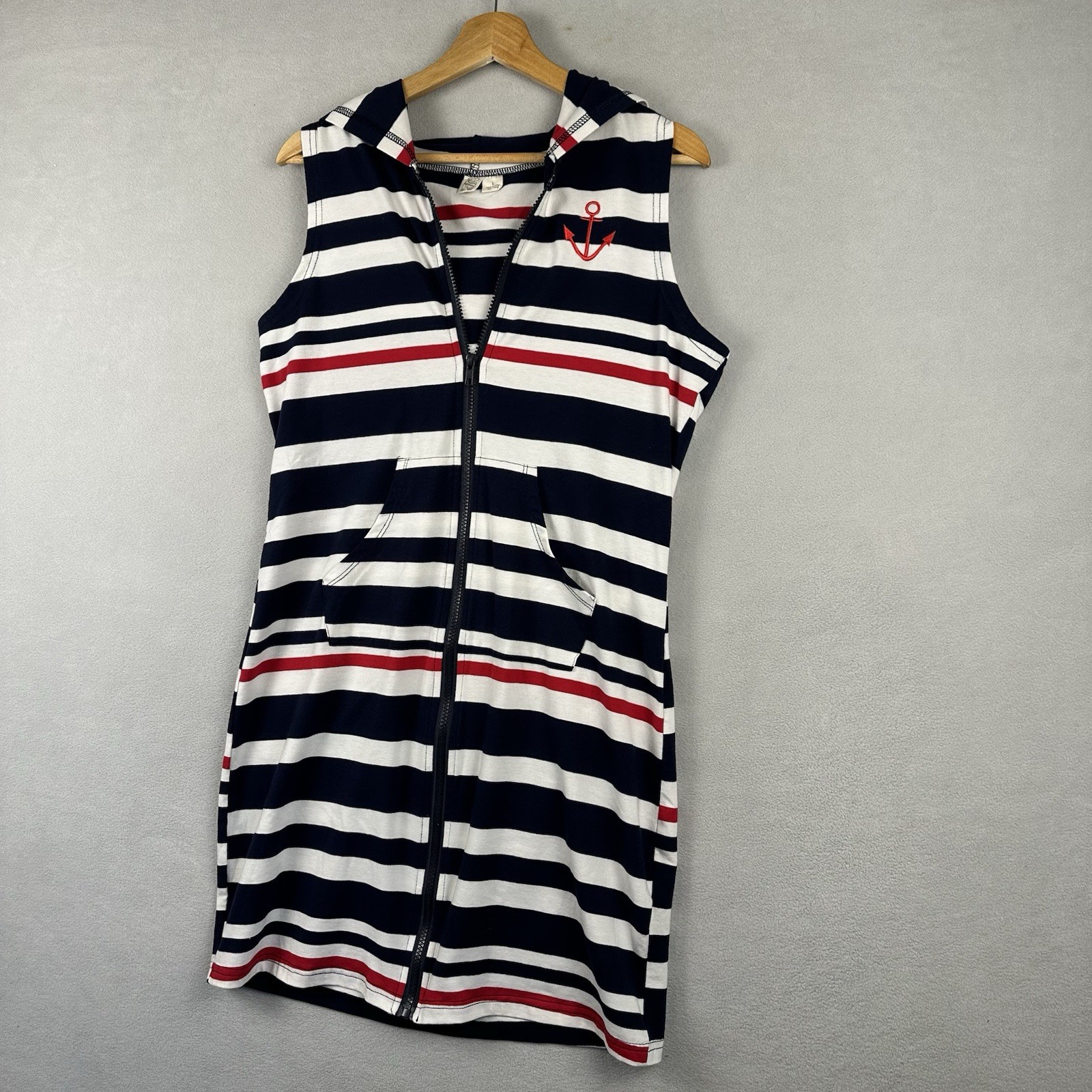 Beach by Exist Zip Hooded Nautical Stripe Dress Sz Lg Navy Cover Up Embroidered