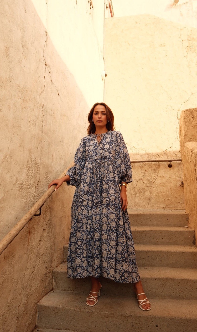 Blue Floral Block Print Maxi Dress | Boho Cotton Tiered Dress | Size M