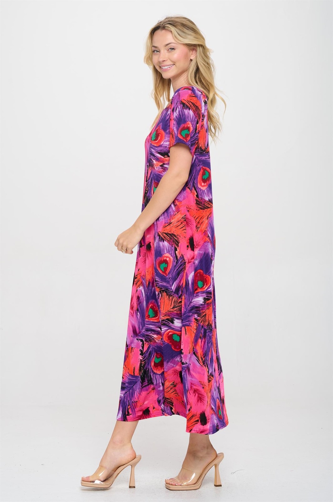 JOSTAR Slinky LONG DRESS Poly Spandex Knit PINK PURPLE Feather S M L XL 2X 3X