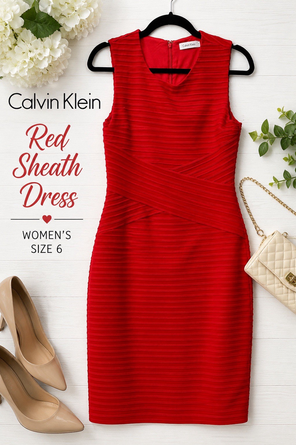 Calvin Klein Red Sheath Dress Womens 6 Textured Ruched Sleeveless Romantic