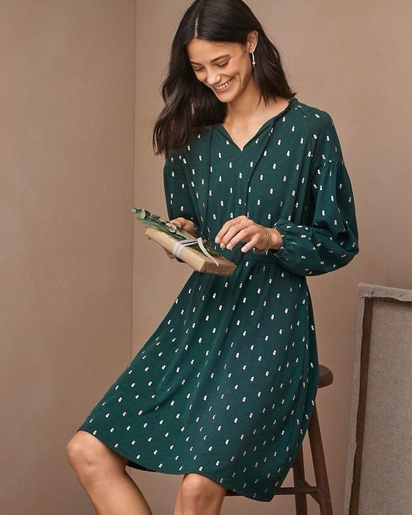 Garnet Hill Ruffled Dress Size Small Green Silver Long Sleeve Split Neck Cotton