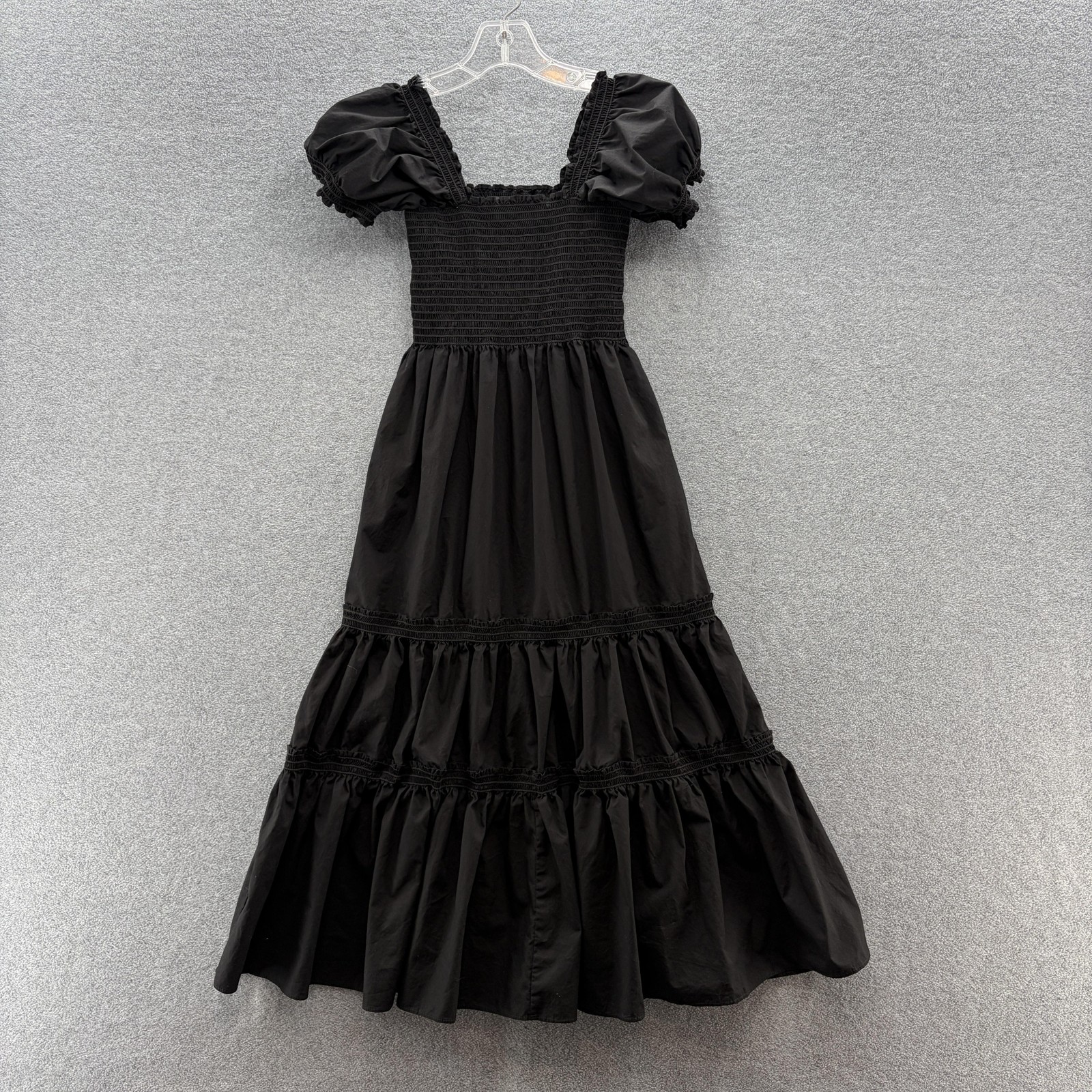 OPT Dress Small Black Smocked Puff Sleeve Square Neck Tiered Boho Maxi Cotton