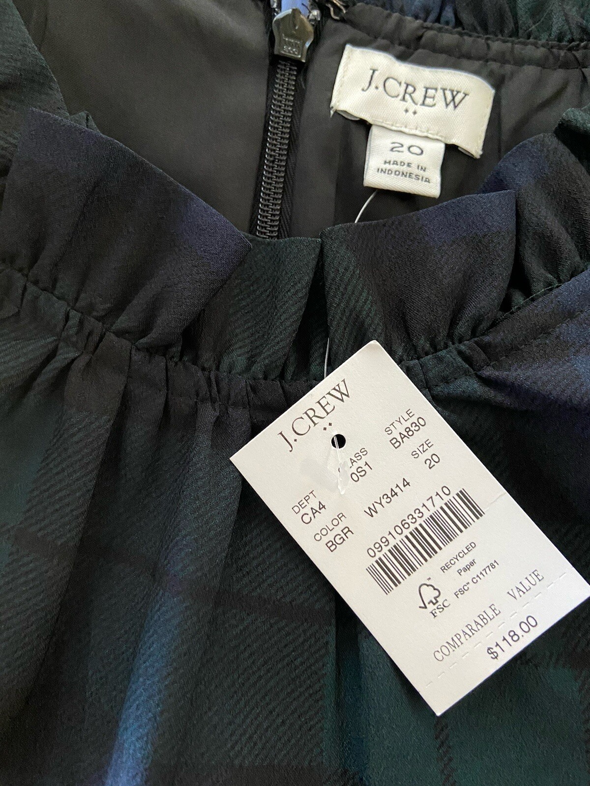 J. Crew Factory Ruffleneck Shift Dress Green & Black Watch Tartan Plaid Size 20