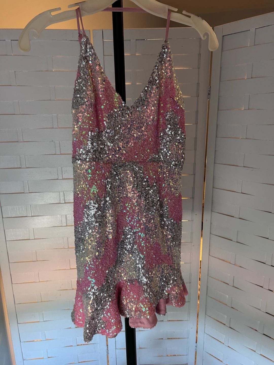 Selfie Leslie Take Note Cami Strap Sequin Mini Dress in Peach and Silver