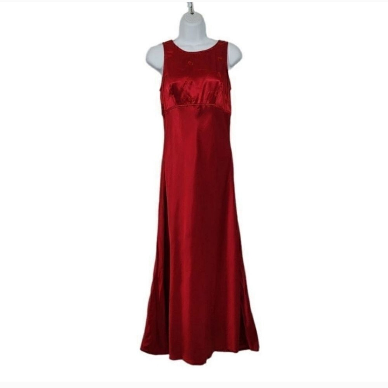 Vintage 90’s Maurices Red Embroidered Satin Slip Midi Dress Modern Size Small