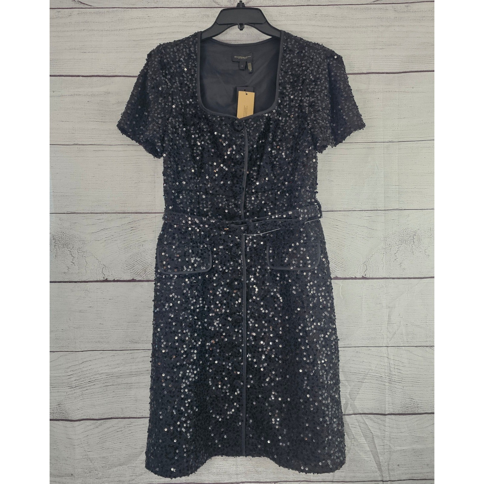Donna Karen NY Sz 10 Black Square Neck Sequin Tweed Button Belted Dress NWT 1510