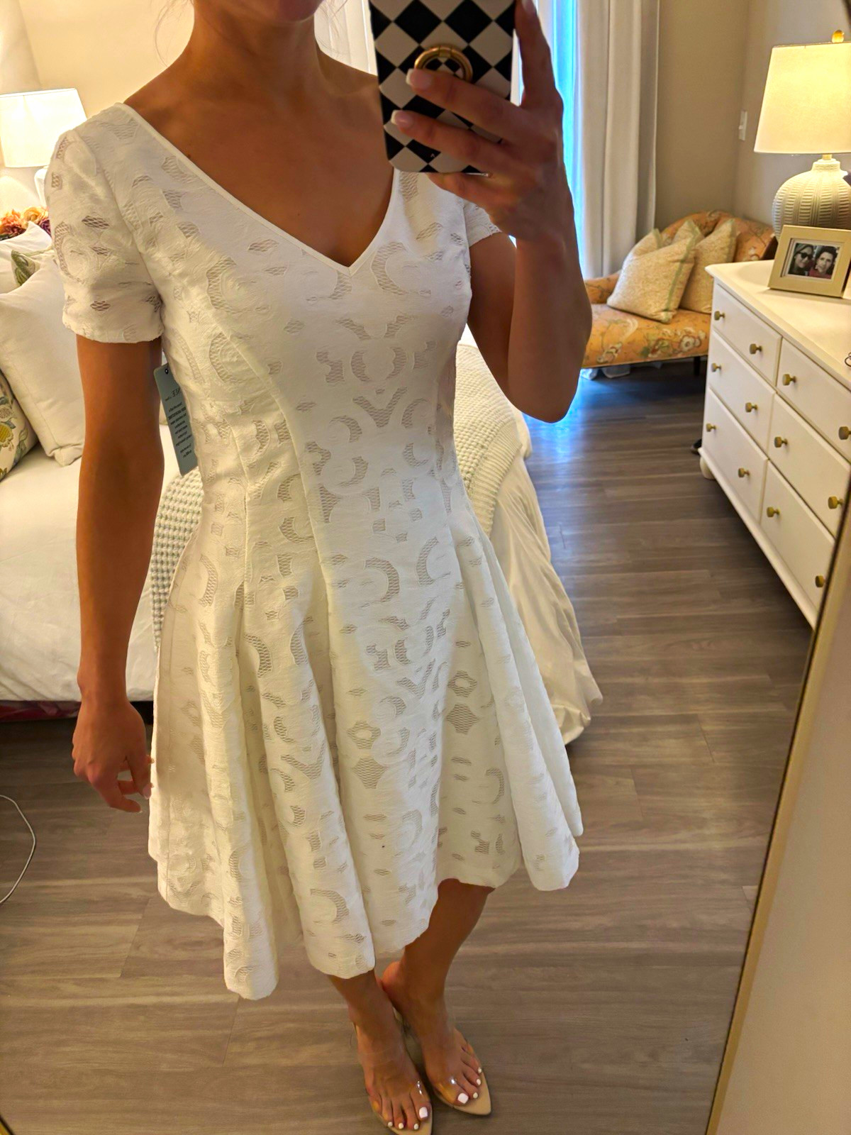 NUE by Shani Ivory Floral Jacquard Fit & Flare Knee Dress SS V-Neck 8 S1344
