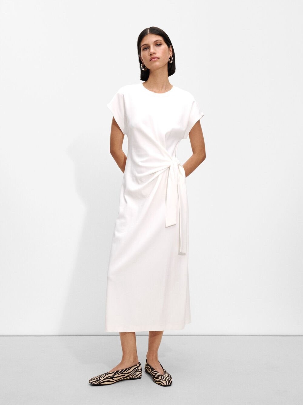 Parfois Womens White Midi Dress With Side Knot Tie Short Sleeve Size XS-S