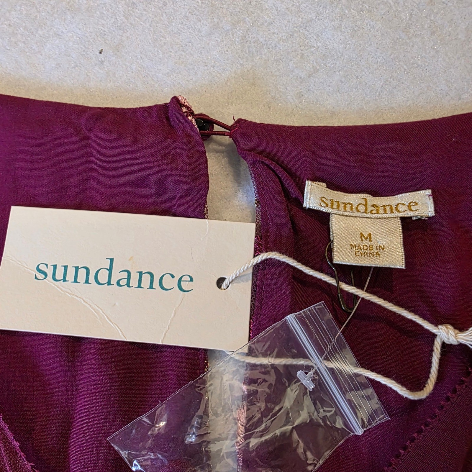 Sundance Burgundy Floral Embroidered Mesh Bell Sleeve Shift Dress NWT Size M