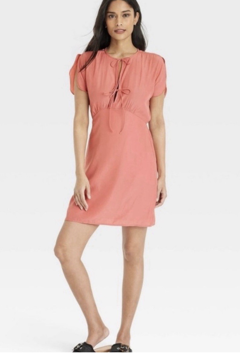 Universal Thread Coral Pink Tie Front Flutter Mini Dress Short Sleeve Large NWT