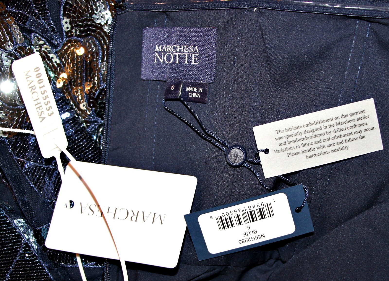 Marchesa Notte Navy & Silver Sequin Mikado Bow Gown With Deep Slit sz 6 $995