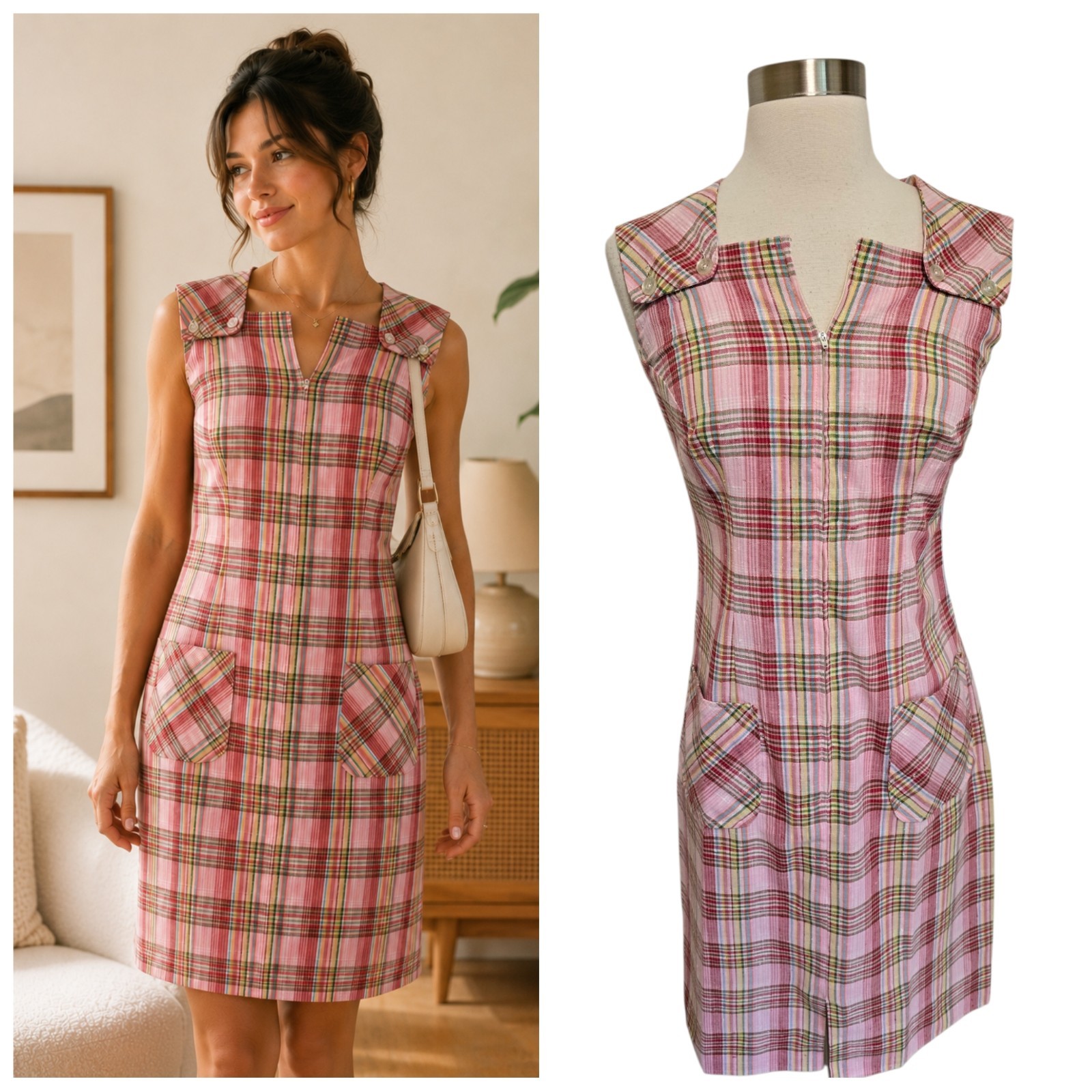 Vintage 1960s Pink Plaid Shift Dress Mod Sleeveless Zip Front Madras Handmade