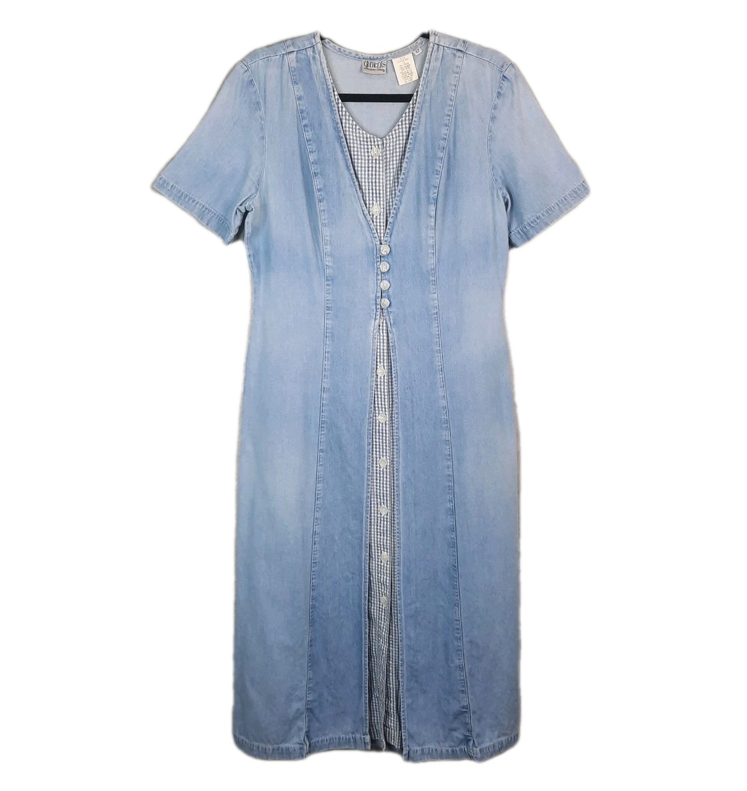 VTG 90s Button Front Denim Gingham Dress Womens 12 Cottagecore Prairie Western