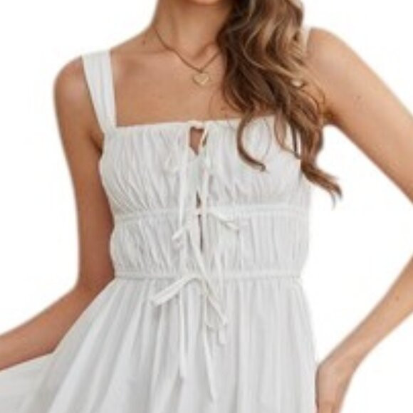 Boho White Midi Dress L Corset Tie Smocked Casual Summer Dress USA Seller