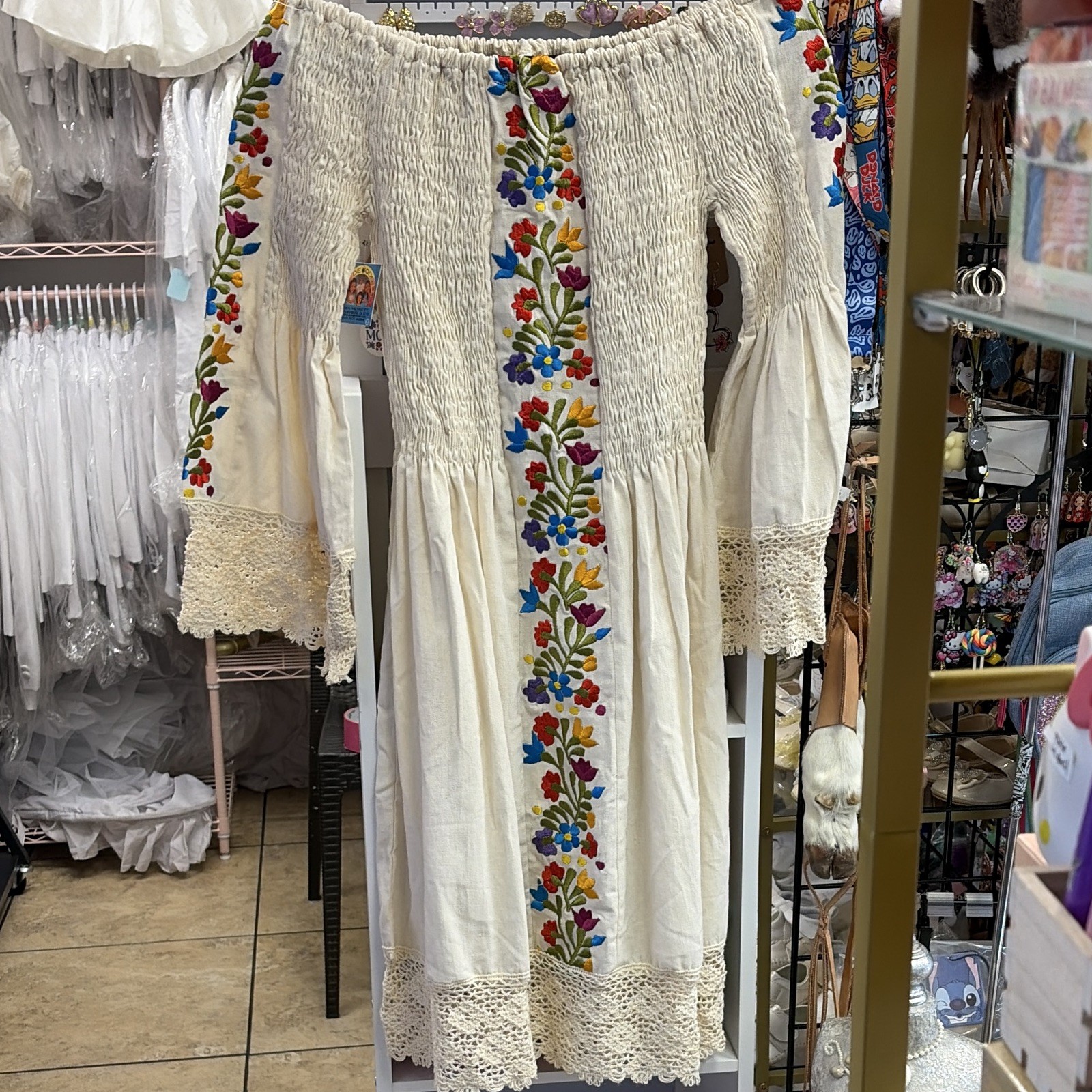 Off Shoulder Smocked Embroidered Lace Trim Midi Dress, White, size m