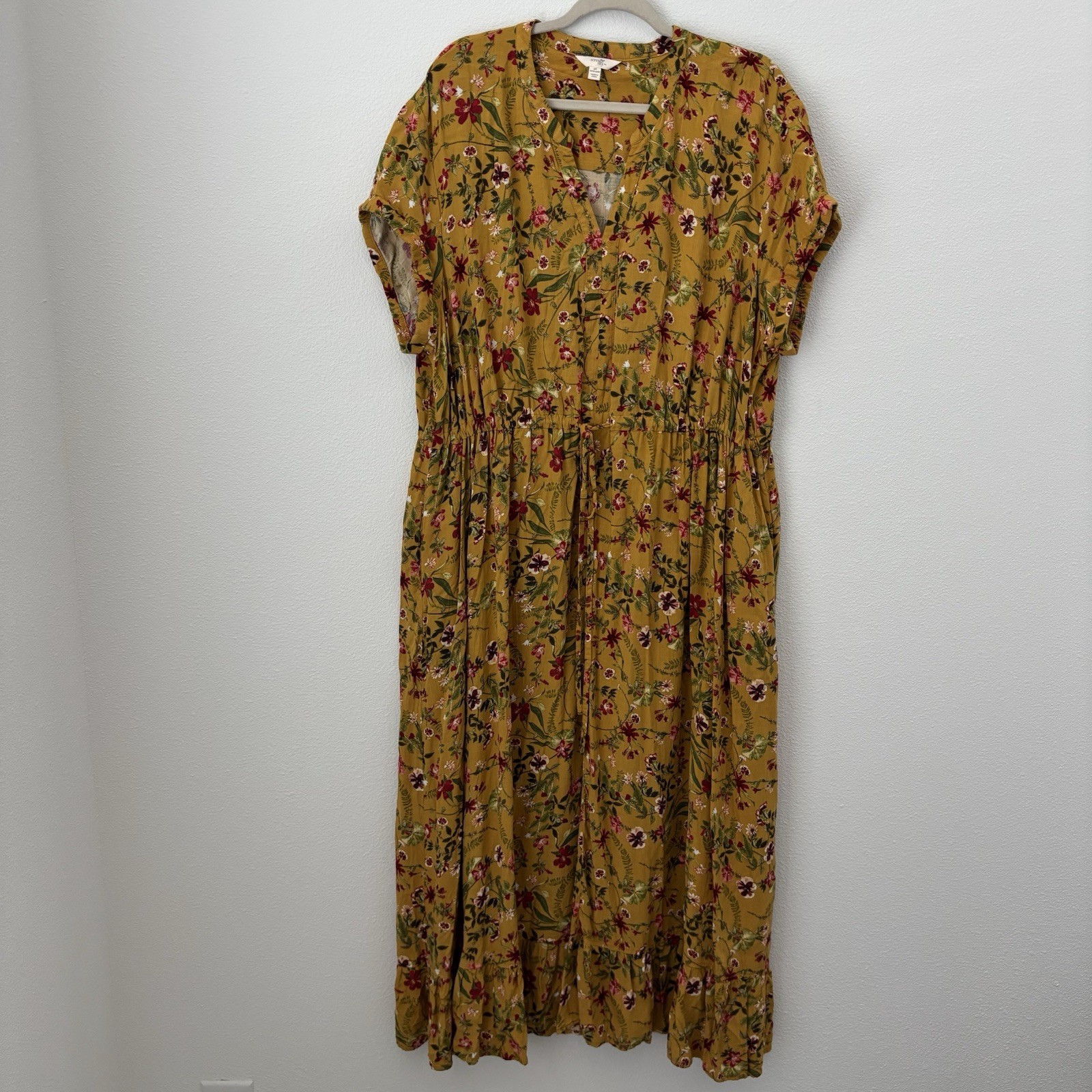 Terra & Sky Dress Women’s 2X 20-22W Yellow Floral Maxi Drawstring Ruffle Hem