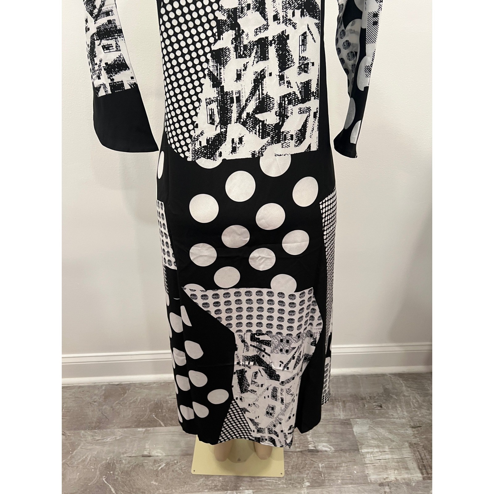 CAARA Midi Dress Womens Medium Black White Polka Dot Tie Waist ModiChic Office