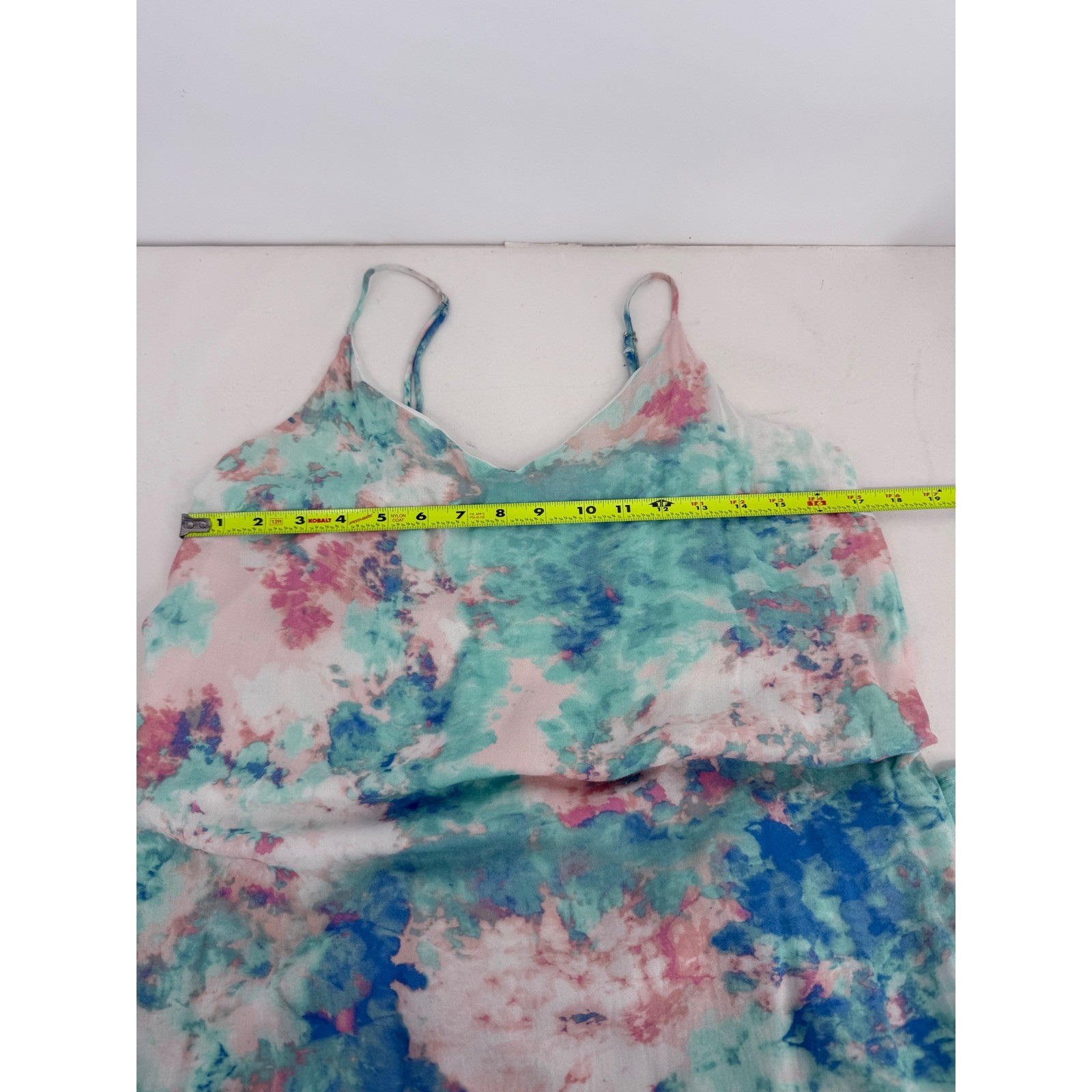 Gilli Womens Watercolor Abstract Midi Slip Dress Teal Pink Blue V-Neck Sz M