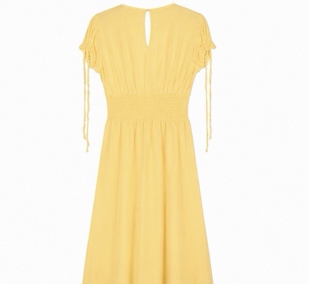 Bar III Yellow V-Neck Short Sleeve A-Line Midi Dress Smocked Waist Petite PS
